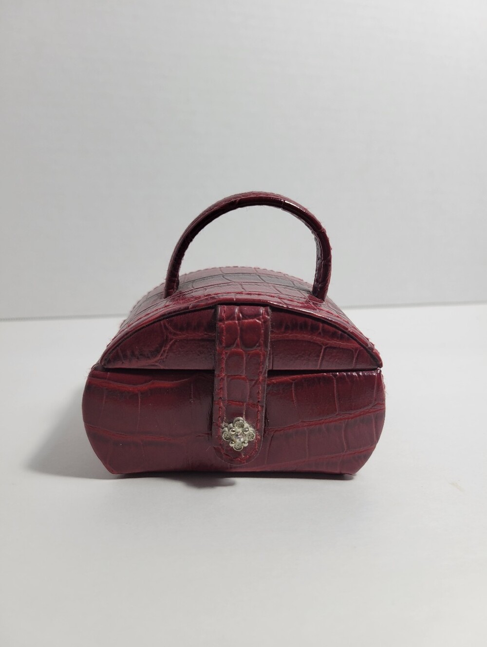 The Limited Burgundy Croc Leather Lipstick Case w/ Mirror Crystal Flower Snap